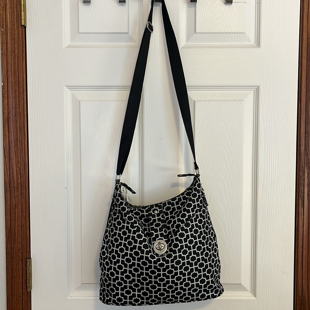 Baggallini Black & White Geometric Print Travel Purse Laptop Work Shoulder Bag